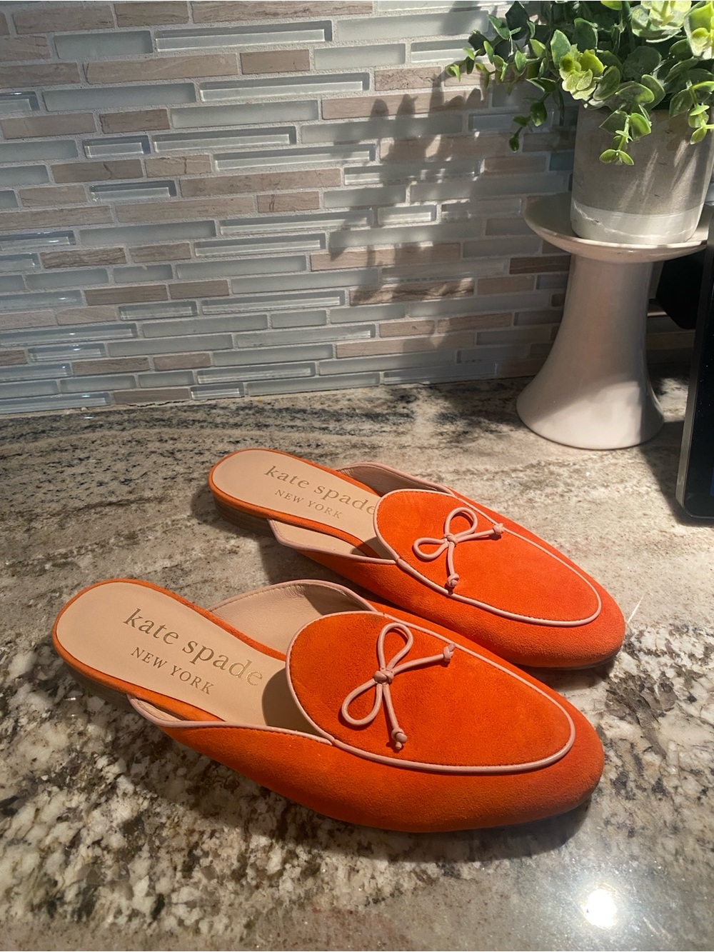 kate spade Orange Suede Bow Slip-On Mules